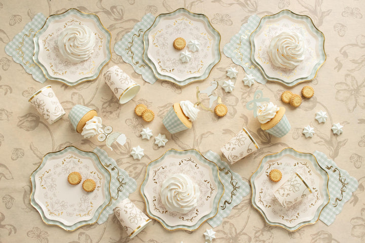 Checkered Party Paper Plates With Gold Edge - Gingham Disposable Plates - Pastel Green Tableware - Baby Shower Decor - 23cm - Pack Of 6 - Jolie Fete UK