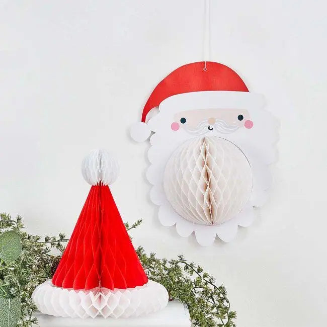Santa Honeycomb Decorations - Pack of 2 - Christmas Hanging Decor - Festive Ceiling Decoration - Xmas Table Centrepiece - Father Christmas - Jolie Fete UK