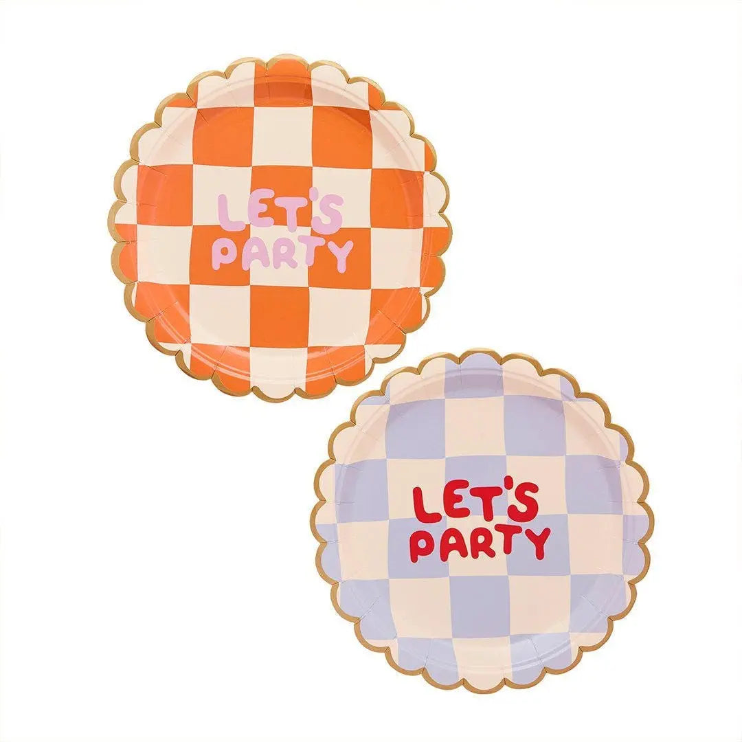 Rainbow Party Plates - Checkered Let's Party Paper Plates -Kids Birthday Tableware-Scalloped Gold Foil Plates-Colourful Birthday Party Decor - Jolie Fete UK