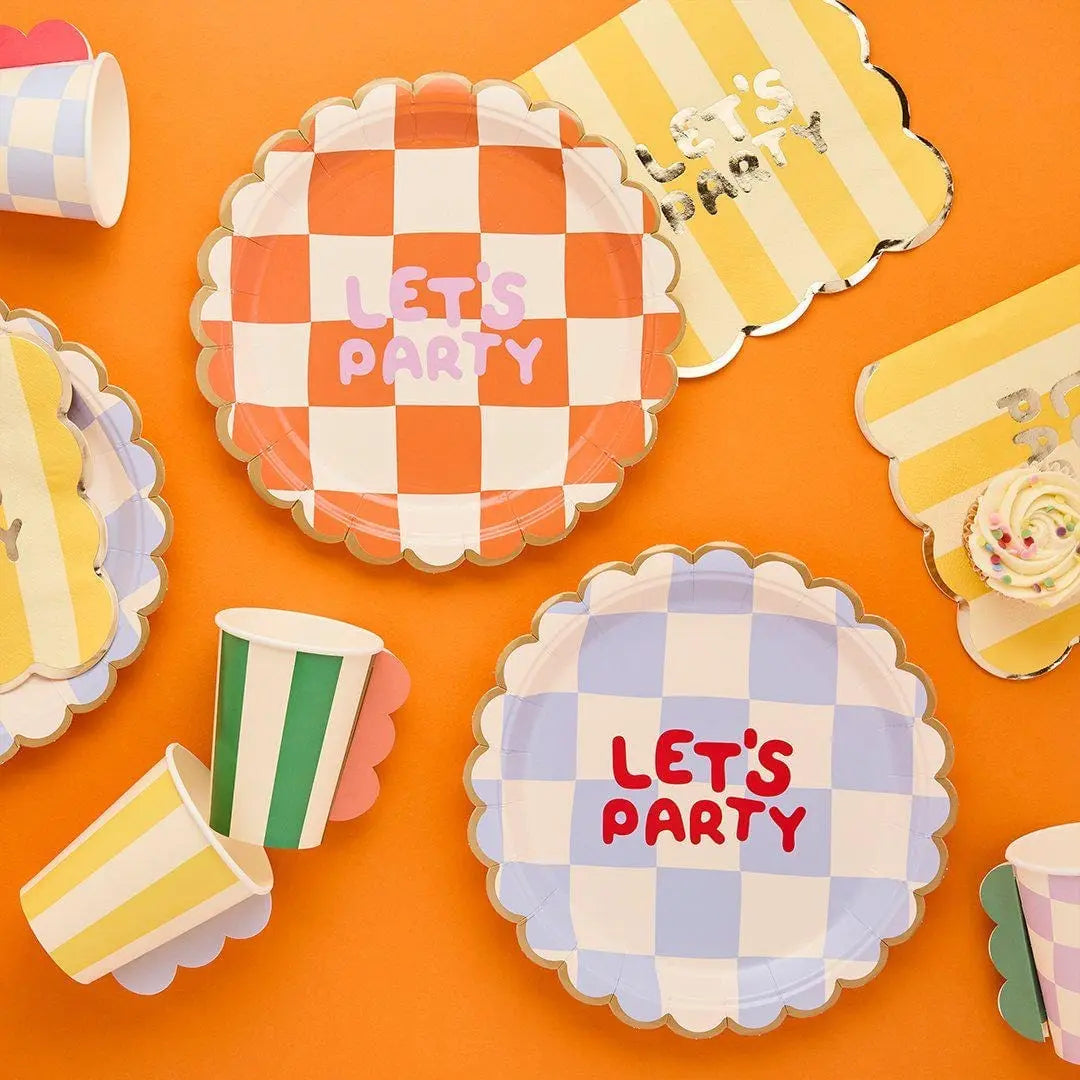 Rainbow Party Plates - Checkered Let's Party Paper Plates -Kids Birthday Tableware-Scalloped Gold Foil Plates-Colourful Birthday Party Decor - Jolie Fete UK