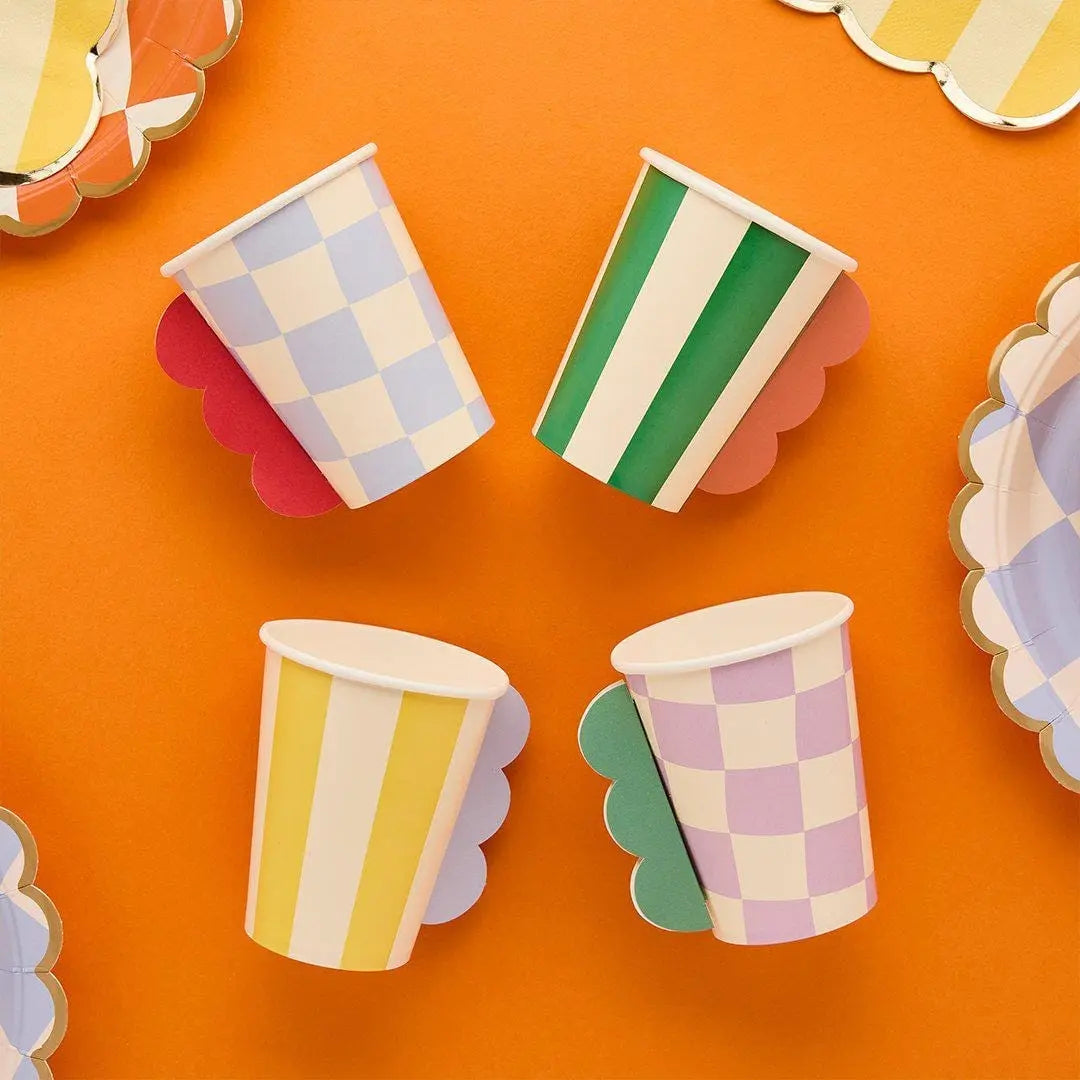 3D Paper Cups - Rainbow Birthday Cups - Kids Party Tableware - Geometric Scalloped Trim - Checkered & Striped Drinking Cups - Colourful Cups - Jolie Fete UK