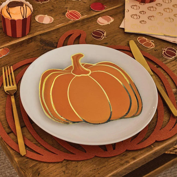 Halloween Pumpkin Paper Plates - Pack of 8 - Gold Foil - Spooky Party Tableware - Small Orange Halloween Plates - Party Supplies - Jolie Fete UK