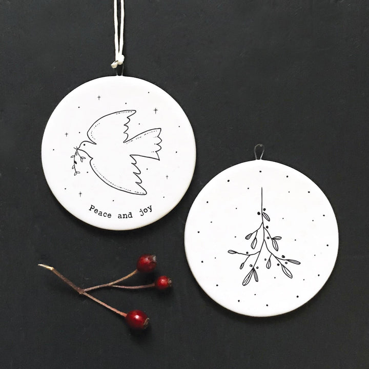 Porcelain Christmas Decoration - Small White Christmas Tree Decoration - Peace And Joy - White Dove & Mistletoe - Holiday Decor - x1 - Jolie Fete UK