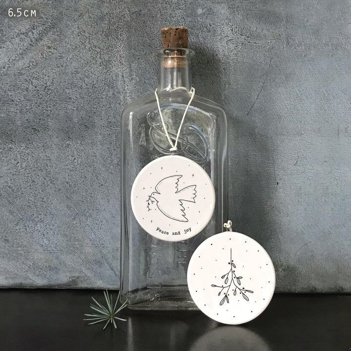 Porcelain Christmas Decoration - Small White Christmas Tree Decoration - Peace And Joy - White Dove & Mistletoe - Holiday Decor - x1 - Jolie Fete UK