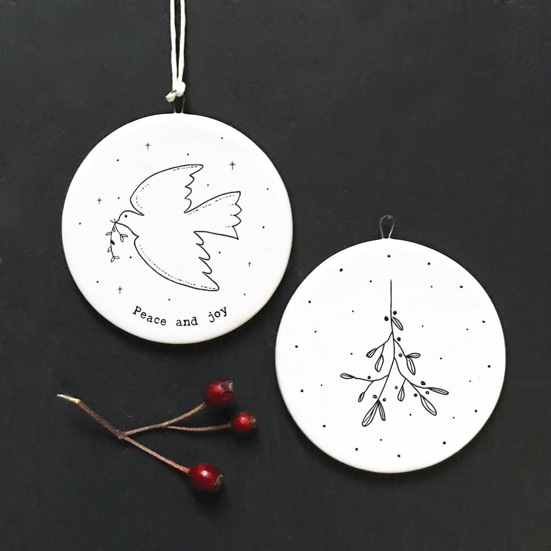 Porcelain Christmas Decoration - Small White Christmas Tree Decoration - Peace And Joy - White Dove & Mistletoe - Holiday Decor - x1 - Jolie Fete UK