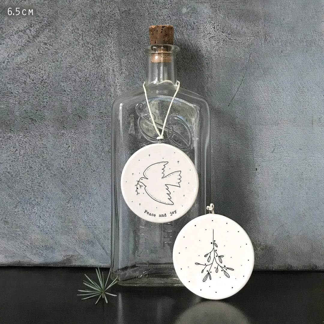 Porcelain Christmas Decoration - Small White Christmas Tree Decoration - Peace And Joy - White Dove & Mistletoe - Holiday Decor - x1 - Jolie Fete UK