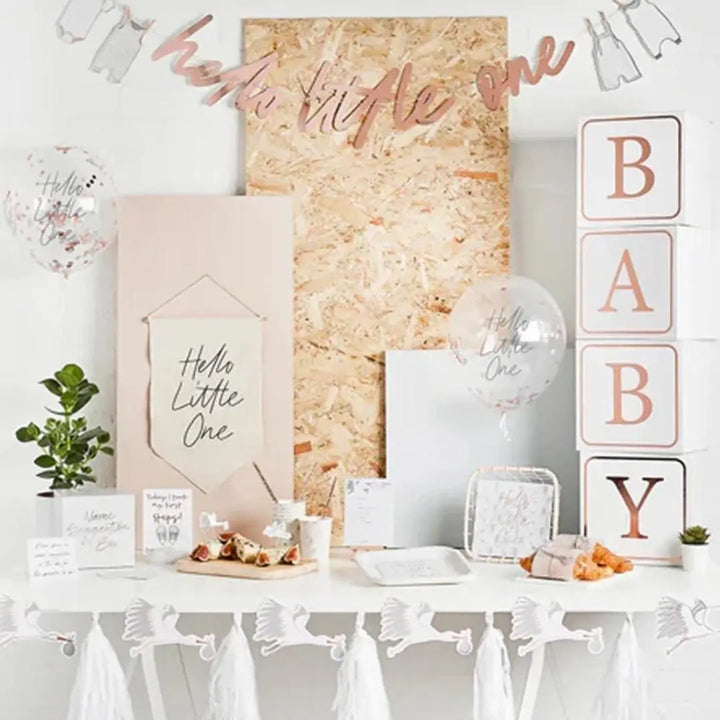 Stork Baby Shower Cupcake Toppers - Hello Little One Food Picks - Rose Gold & Grey Decorations - Pack of 6 - Jolie Fete UK