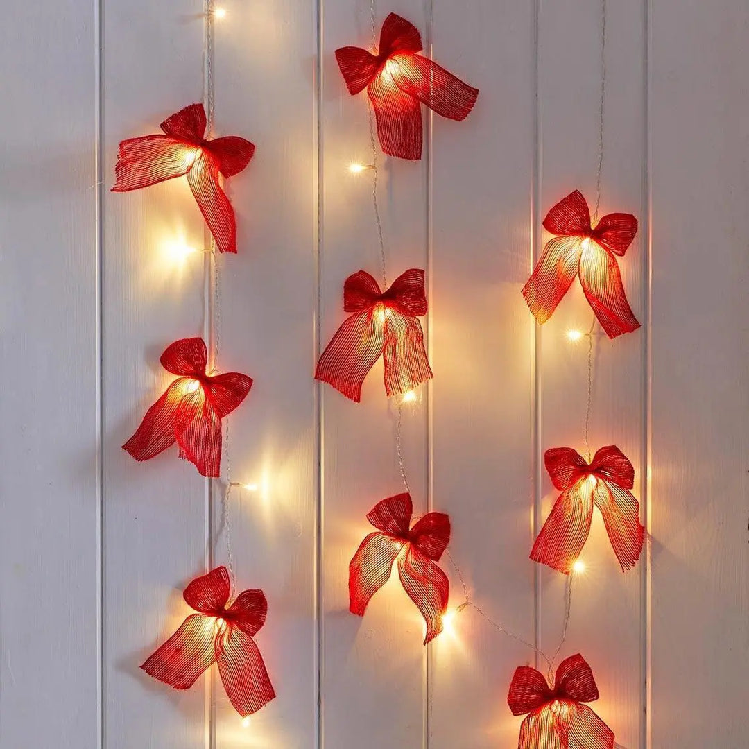 String Lights With Red Ribbon Bows - Christmas Lights - Christmas Decorations - Christmas Wall Lights - Holiday Decor - 2.6m - Jolie Fete UK