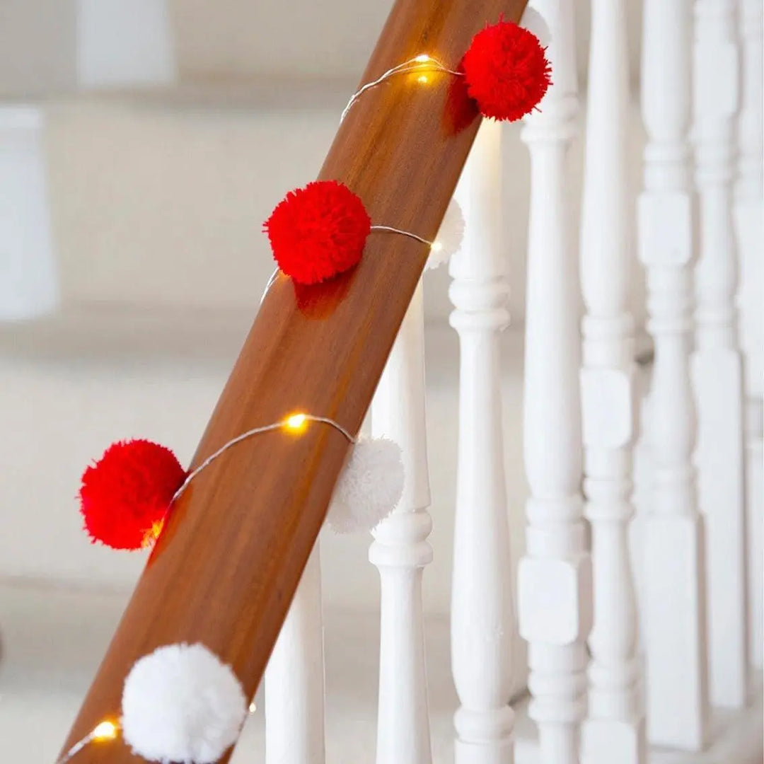 String Lights With Red & White Pom Poms - Christmas Lights - Christmas Decorations - Christmas Table Lights - Jolie Fete UK