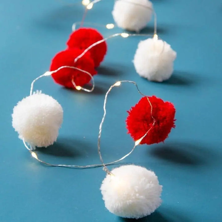 String Lights With Red & White Pom Poms - Christmas Lights - Christmas Decorations - Christmas Table Lights - Jolie Fete UK