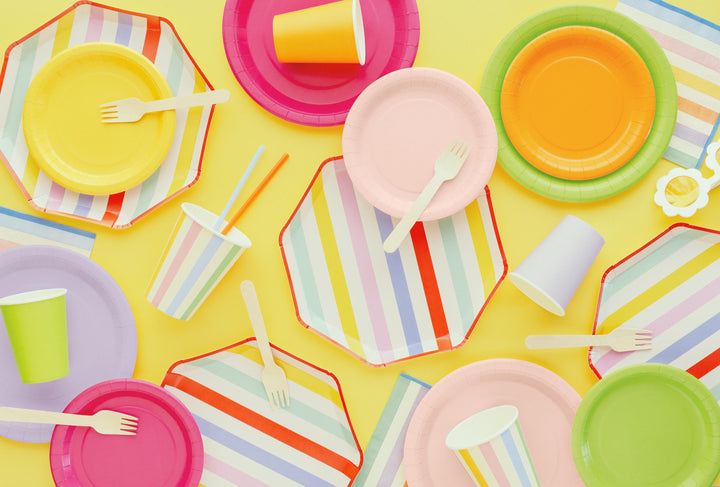 Striped Paper Plates - Summer Party Tableware - Rainbow Picnic Decor - Octagon Plates - Multicoloured Partyware - BBQ Supplies - Pack Of 6 - Jolie Fete UK