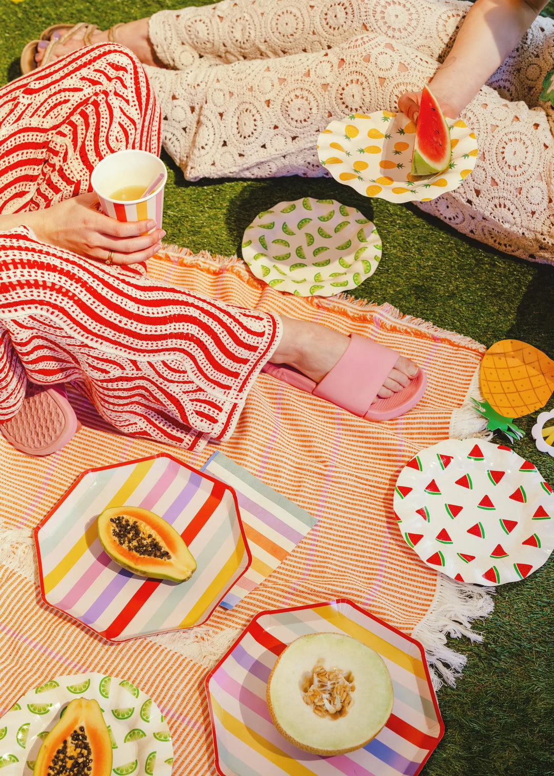 Striped Paper Plates - Summer Party Tableware - Rainbow Picnic Decor - Octagon Plates - Multicoloured Partyware - BBQ Supplies - Pack Of 6 - Jolie Fete UK