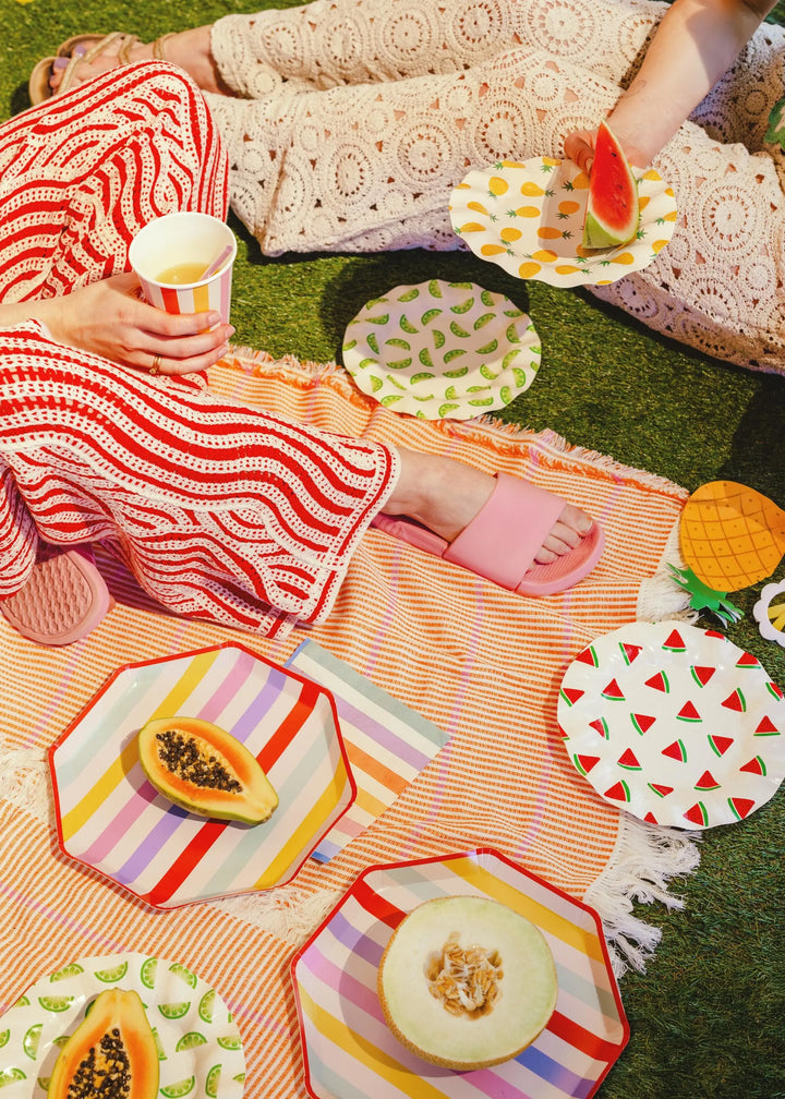 Striped Paper Plates - Summer Party Tableware - Rainbow Picnic Decor - Octagon Plates - Multicoloured Partyware - BBQ Supplies - Pack Of 6 - Jolie Fete UK