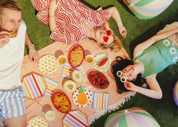 Striped Paper Plates - Summer Party Tableware - Rainbow Picnic Decor - Octagon Plates - Multicoloured Partyware - BBQ Supplies - Pack Of 6 - Jolie Fete UK