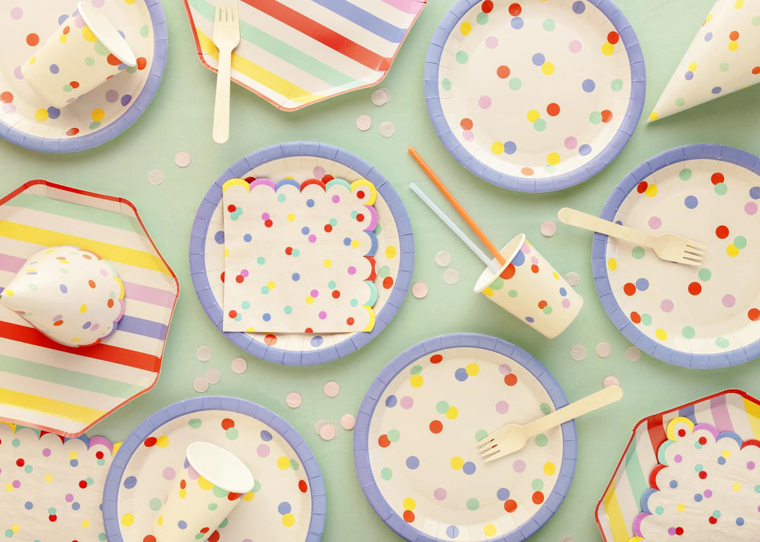 Striped Paper Plates - Summer Party Tableware - Rainbow Picnic Decor - Octagon Plates - Multicoloured Partyware - BBQ Supplies - Pack Of 6 - Jolie Fete UK