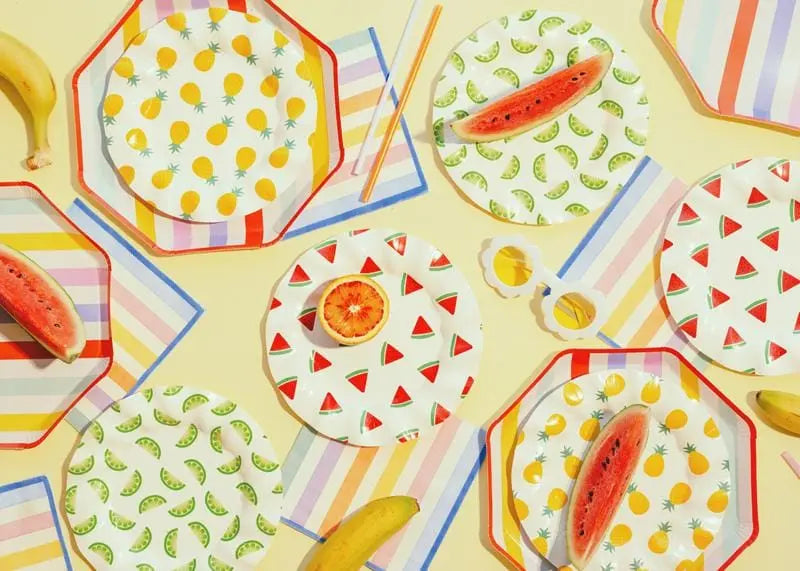 Striped Paper Plates - Summer Party Tableware - Rainbow Picnic Decor - Octagon Plates - Multicoloured Partyware - BBQ Supplies - Pack Of 6 - Jolie Fete UK