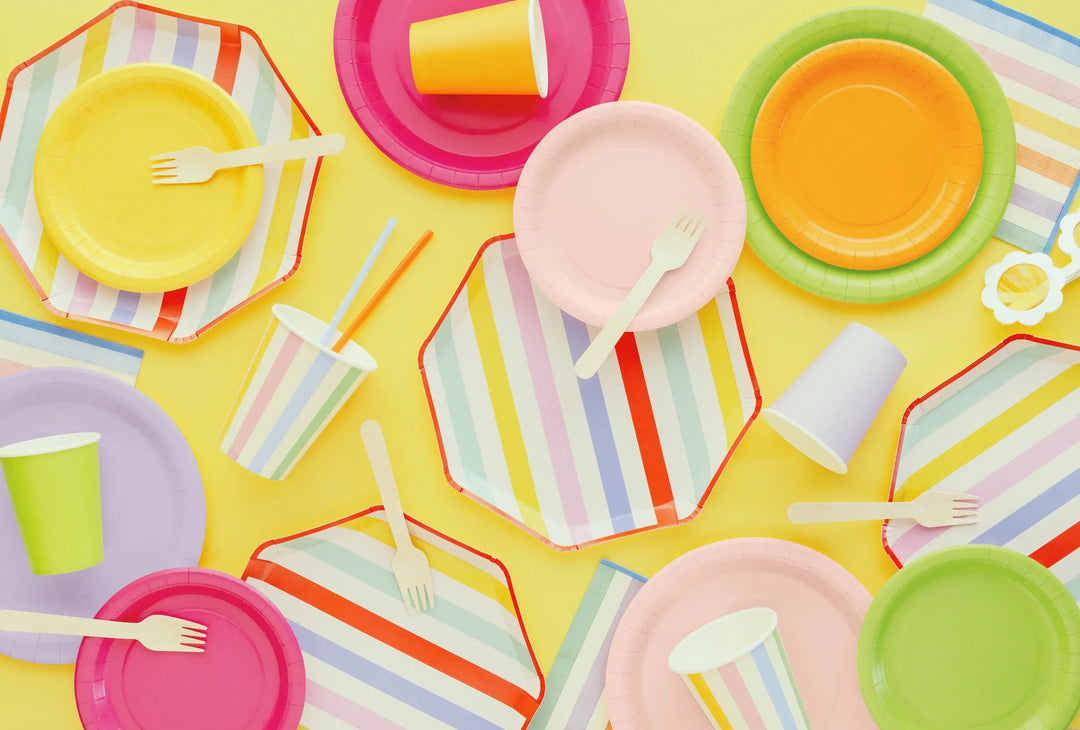 Striped Paper Plates - Summer Party Tableware - Rainbow Picnic Decor - Octagon Plates - Multicoloured Partyware - BBQ Supplies - Pack Of 6 - Jolie Fete UK
