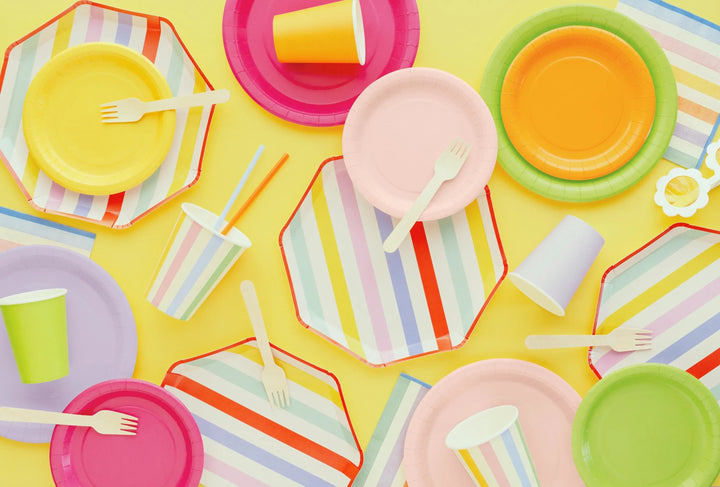 Striped Paper Plates - Summer Party Tableware - Rainbow Picnic Decor - Octagon Plates - Multicoloured Partyware - BBQ Supplies - Pack Of 6 - Jolie Fete UK