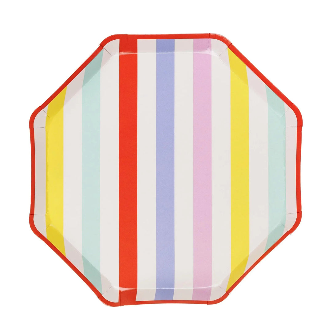 Striped Paper Plates - Summer Party Tableware - Rainbow Picnic Decor - Octagon Plates - Multicoloured Partyware - BBQ Supplies - Pack Of 6 - Jolie Fete UK