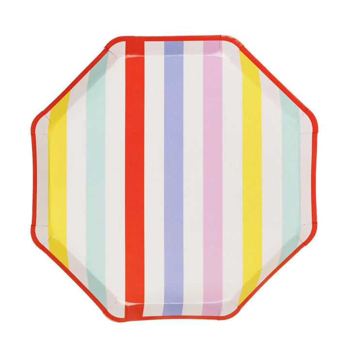Striped Paper Plates - Summer Party Tableware - Rainbow Picnic Decor - Octagon Plates - Multicoloured Partyware - BBQ Supplies - Pack Of 6 - Jolie Fete UK