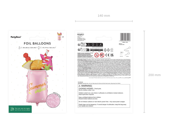 Cocktail Foil Balloon - Summer Vibes Party Decor - Hen Party Decoration - Tropical Drink Balloon - Pink Summer BBQ Supplies-Pool Party Decor - Jolie Fete UK