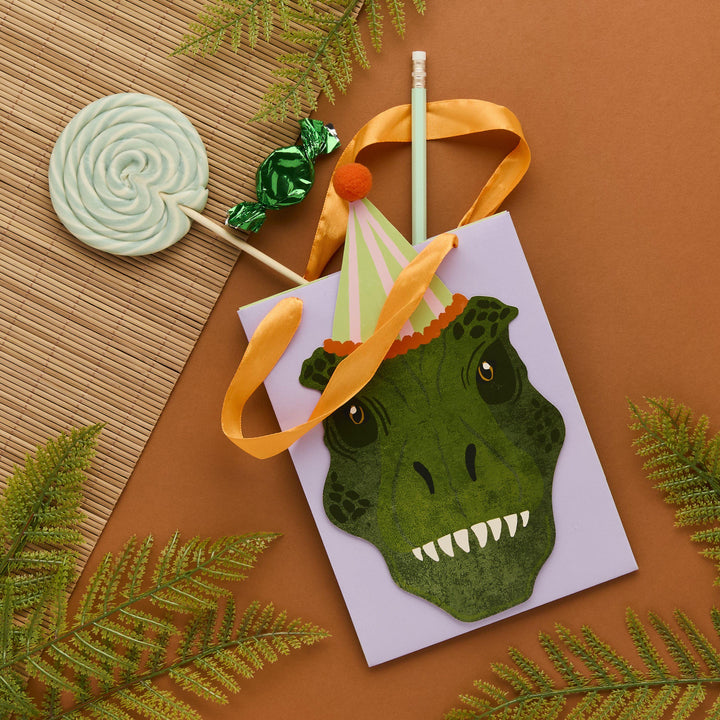 Dinosaur Party Bags - T Rex Birthday Favour Bags with 3D Pom Poms & Ribbon Handles - Kids Roarsome Birthday Party - Pack Of 5 - Jolie Fete UK