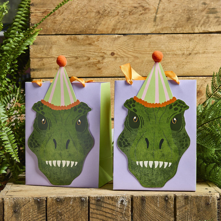 Dinosaur Party Bags - T Rex Birthday Favour Bags with 3D Pom Poms & Ribbon Handles - Kids Roarsome Birthday Party - Pack Of 5 - Jolie Fete UK