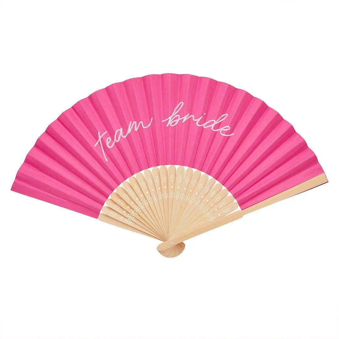 Team Bride Hand Fans - Pink Hen Party Fans - She’s Tying The Knot Coquette Hen Do Favours - Bright Pink Paper Fans - White Script -Pack Of 4 - Jolie Fete UK
