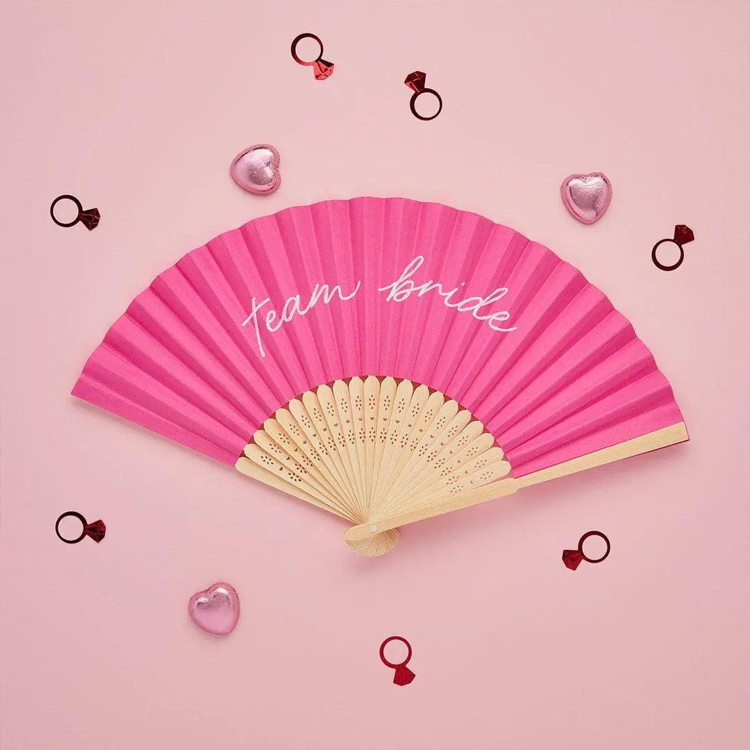 Team Bride Hand Fans - Pink Hen Party Fans - She’s Tying The Knot Coquette Hen Do Favours - Bright Pink Paper Fans - White Script -Pack Of 4 - Jolie Fete UK