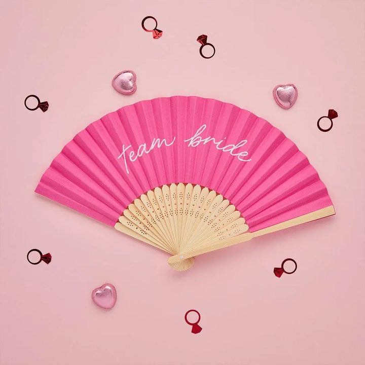 Team Bride Hand Fans - Pink Hen Party Fans - She’s Tying The Knot Coquette Hen Do Favours - Bright Pink Paper Fans - White Script -Pack Of 4 - Jolie Fete UK