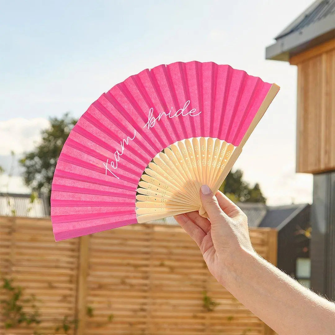 Team Bride Hand Fans - Pink Hen Party Fans - She’s Tying The Knot Coquette Hen Do Favours - Bright Pink Paper Fans - White Script -Pack Of 4 - Jolie Fete UK