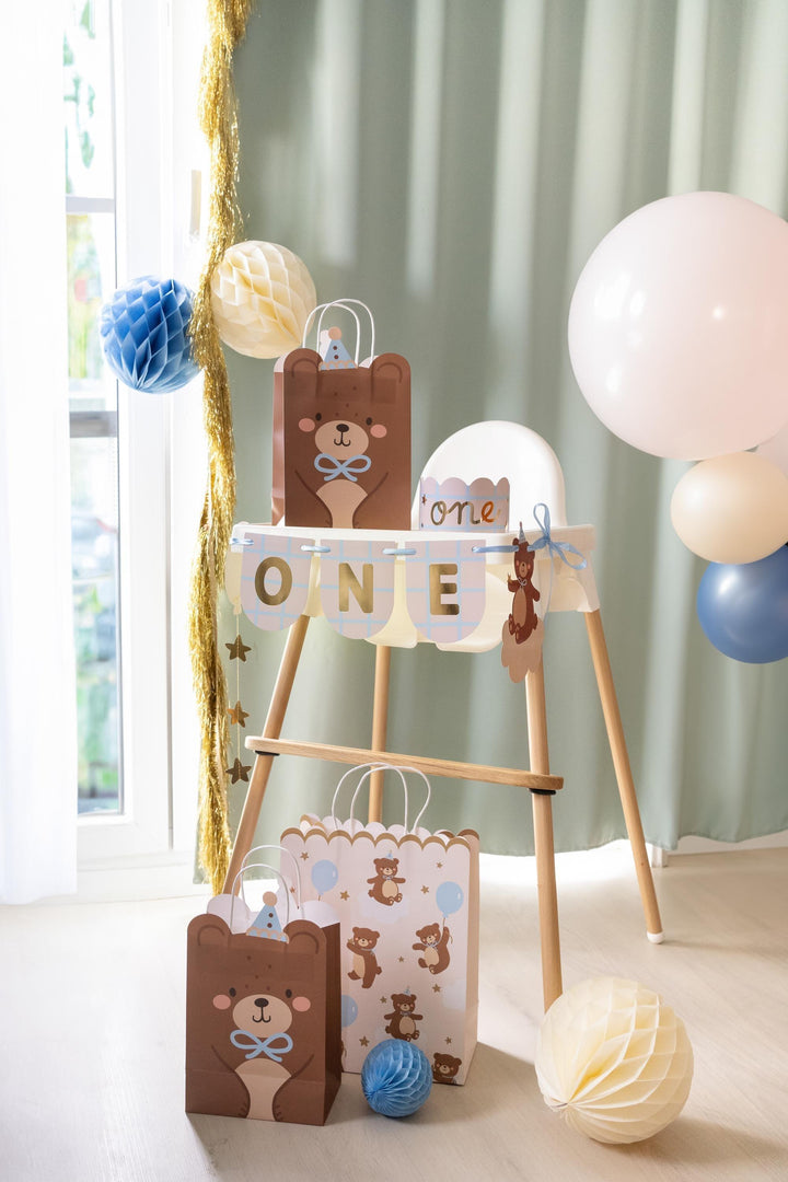 Teddy Bear 1st Birthday Highchair Banner & Crown - Cake Smash Prop - Gold Foil "One" Bunting - Boys First Birthday Set - Birthday Garland - Jolie Fete UK