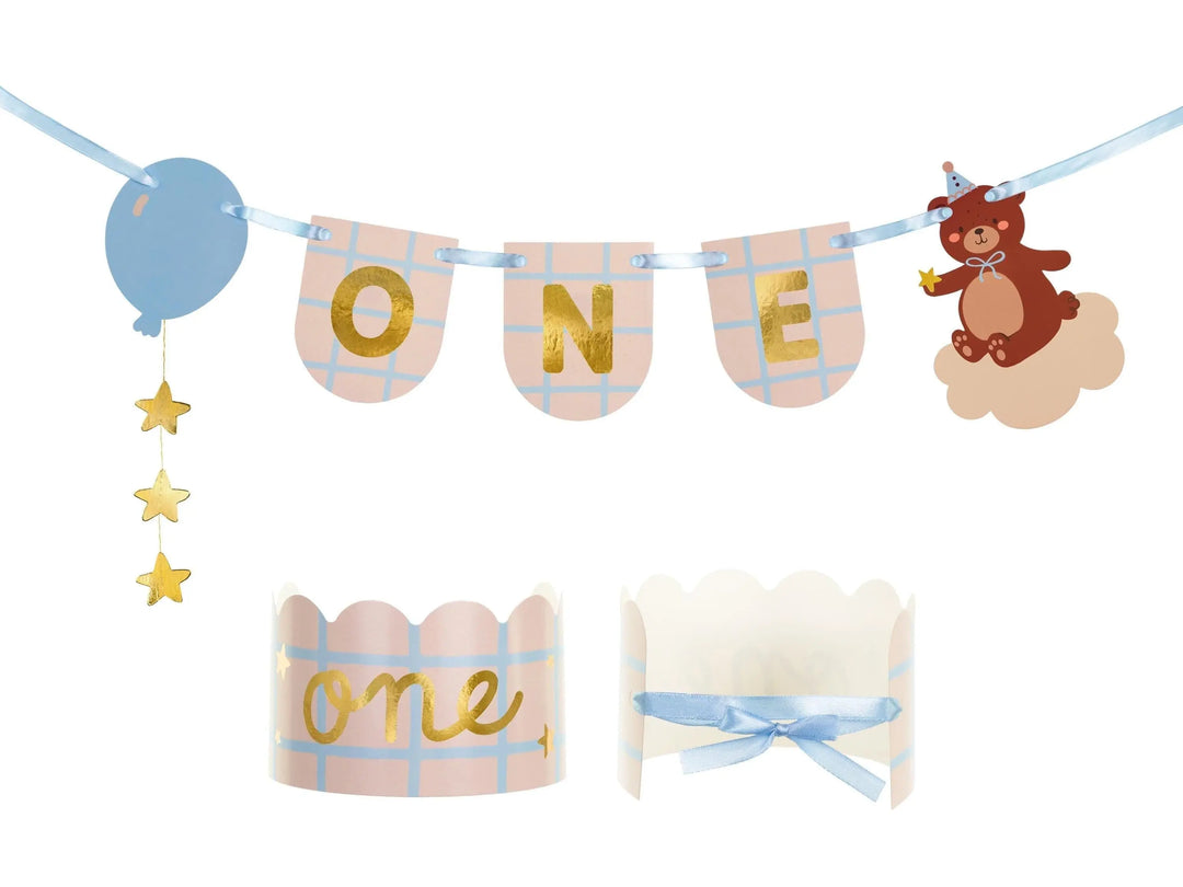 Teddy Bear 1st Birthday Highchair Banner & Crown - Cake Smash Prop - Gold Foil "One" Bunting - Boys First Birthday Set - Birthday Garland - Jolie Fete UK