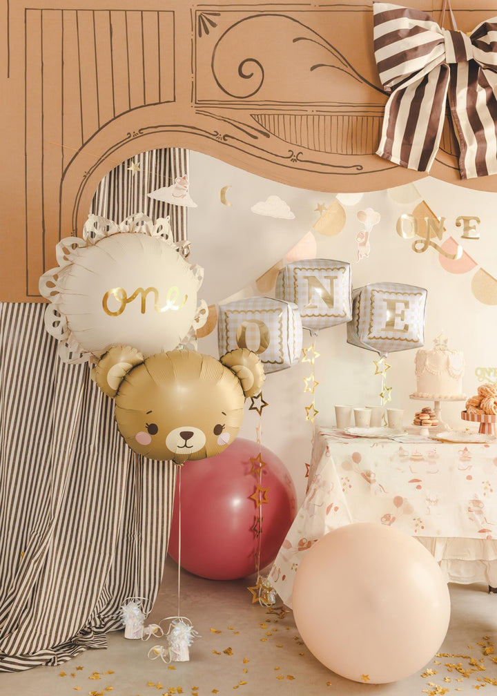 Teddy Bear Face Foil Balloon - 1st Birthday Bear Head Balloon - We Can Bearly Wait Baby Shower Decor - Neutral Beige & Brown Party Prop - Jolie Fete UK