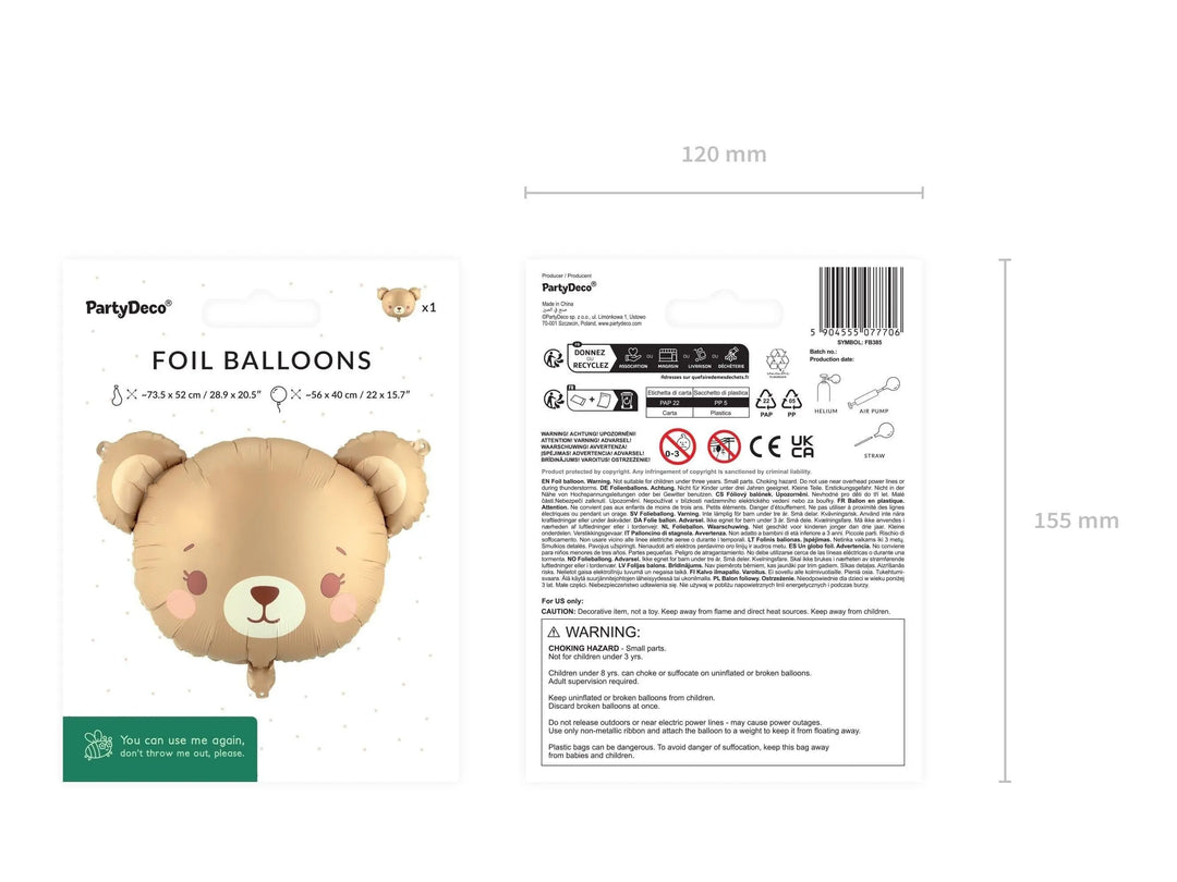 Teddy Bear Face Foil Balloon - 1st Birthday Bear Head Balloon - We Can Bearly Wait Baby Shower Decor - Neutral Beige & Brown Party Prop - Jolie Fete UK