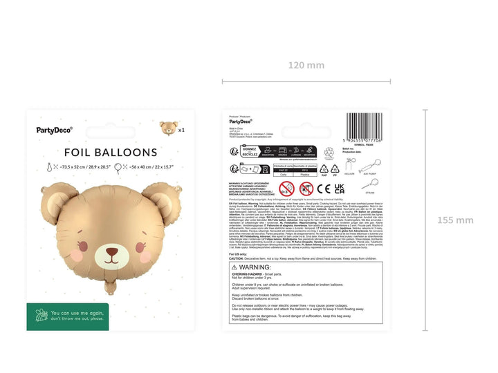 Teddy Bear Face Foil Balloon - 1st Birthday Bear Head Balloon - We Can Bearly Wait Baby Shower Decor - Neutral Beige & Brown Party Prop - Jolie Fete UK