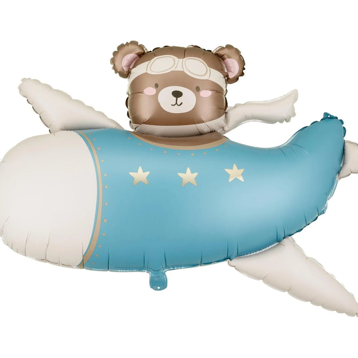 Bear In Aeroplane Foil Balloon - 1st Birthday Plane Decoration - Blue & Cream Teddy Pilot - Large 37" - Baby Shower Balloon-New Baby Balloon - Jolie Fete UK