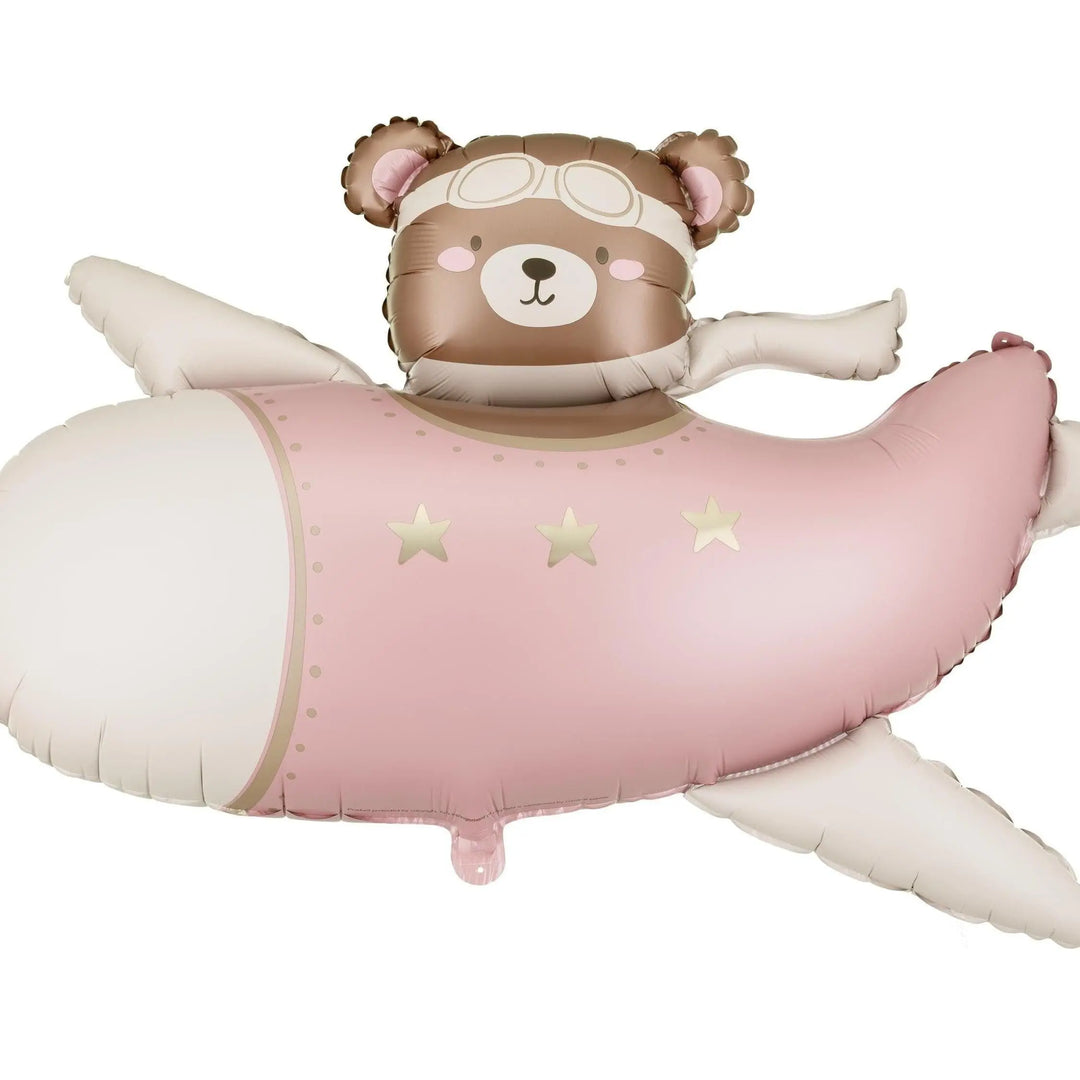 Bear In Aeroplane Foil Balloon - 1st Birthday Plane Decoration - Pink & Cream Teddy Pilot - Large 37" - Baby Shower Balloon-New Baby Balloon - Jolie Fete UK
