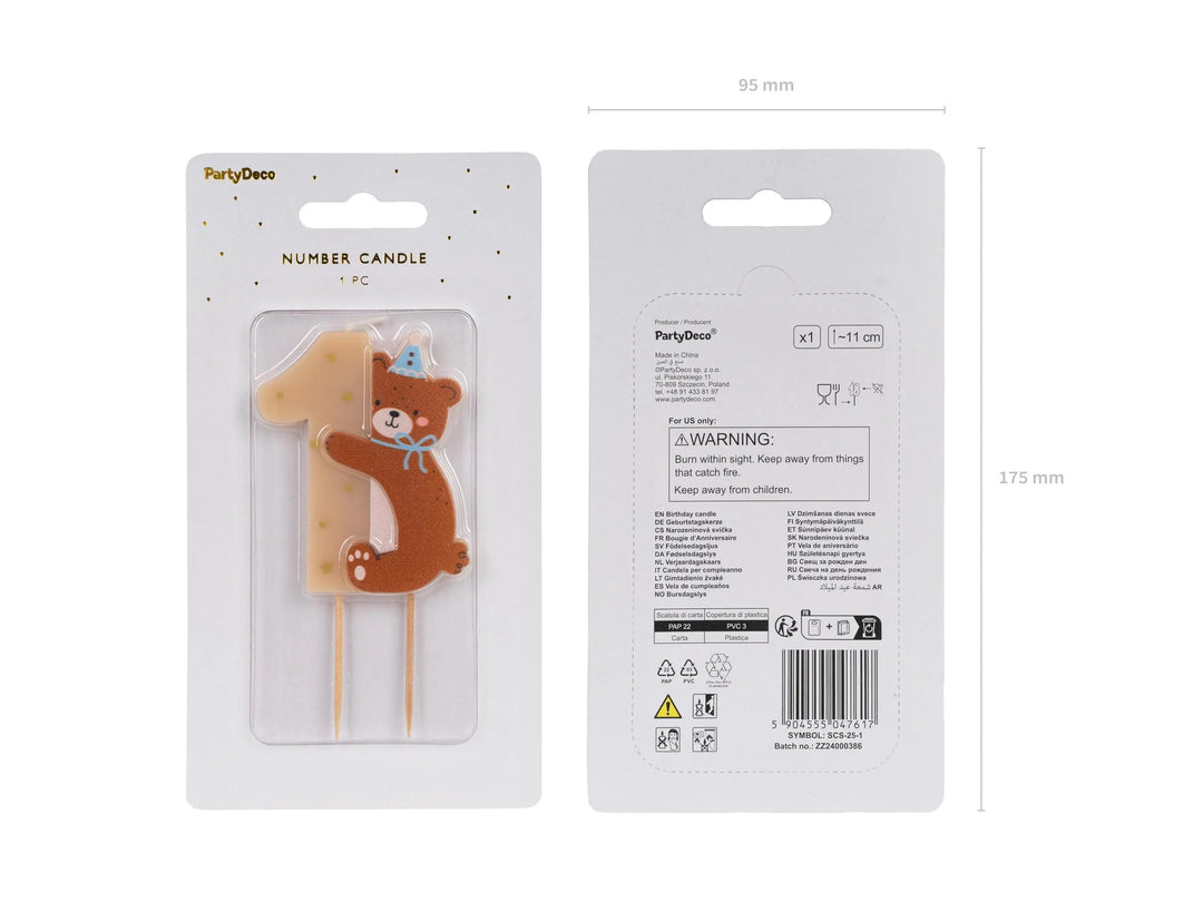 Teddy Bear 1st Birthday Candle - Number 1 Cake Topper - Bearly Wait Theme Party Decor - Neutral Milestone Candle - Teddy Bear Party - 7cm - Jolie Fete UK
