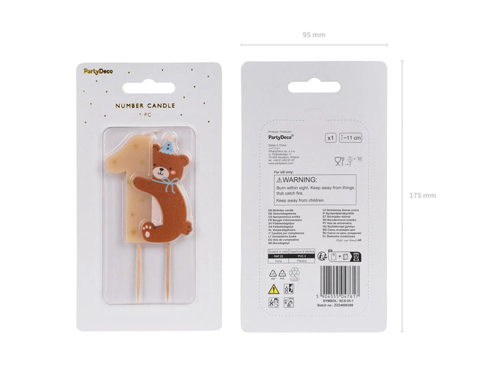 Teddy Bear 1st Birthday Candle - Number 1 Cake Topper - Bearly Wait Theme Party Decor - Neutral Milestone Candle - Teddy Bear Party - 7cm - Jolie Fete UK