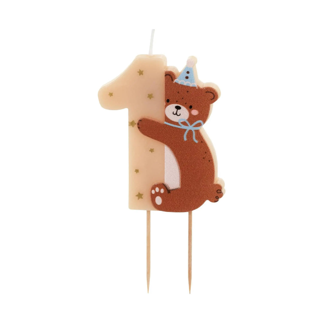Teddy Bear 1st Birthday Candle - Number 1 Cake Topper - Bearly Wait Theme Party Decor - Neutral Milestone Candle - Teddy Bear Party - 7cm - Jolie Fete UK