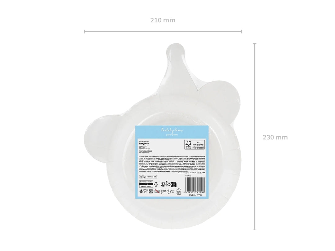 Teddy Bear Paper Plates With Ears - 1st Birthday Party Plates - Shaped Bear Face Tableware - Blue Party Hat & Bow Tie -Baby Shower-Pack of 6 - Jolie Fete UK