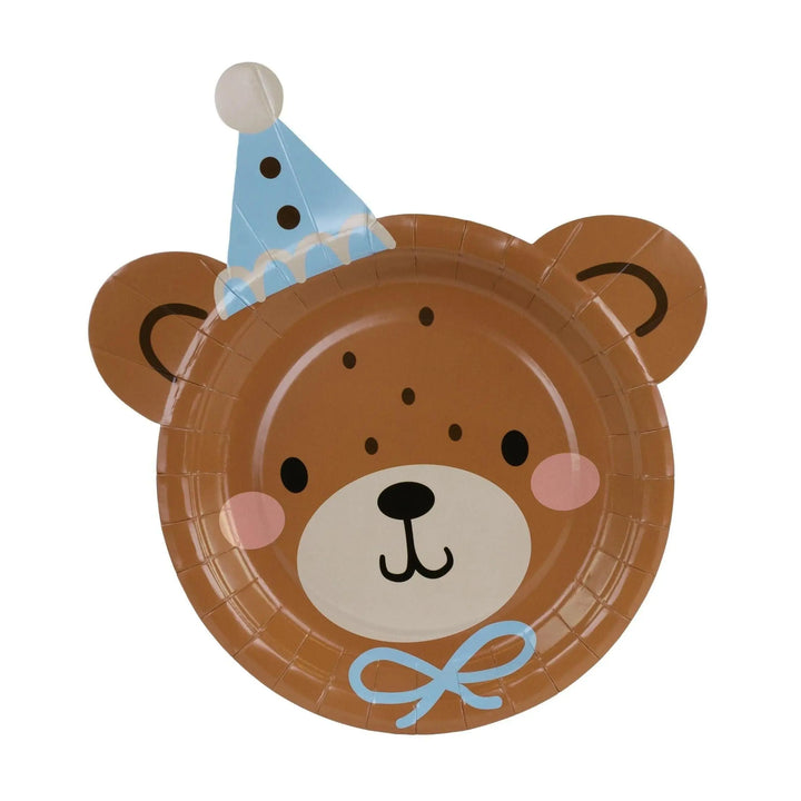 Teddy Bear Paper Plates With Ears - 1st Birthday Party Plates - Shaped Bear Face Tableware - Blue Party Hat & Bow Tie -Baby Shower-Pack of 6 - Jolie Fete UK
