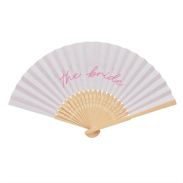 White Bride Hand Fan - Hen Party Fan - She’s Tying The Knot Coquette Bride To Be Accessory - White Paper Fan with Pink Script - Pack Of 1 - Jolie Fete UK