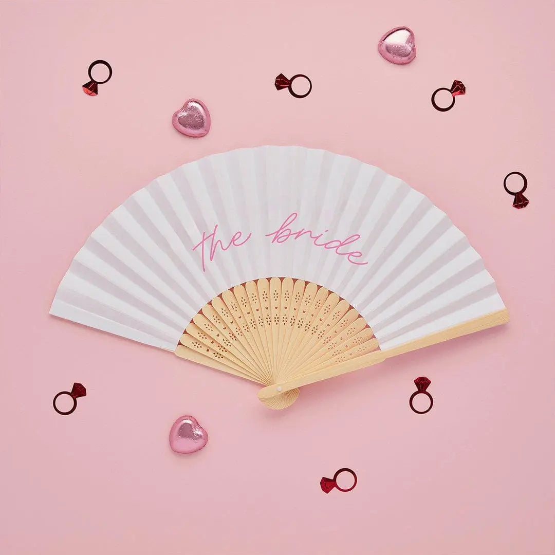 White Bride Hand Fan - Hen Party Fan - She’s Tying The Knot Coquette Bride To Be Accessory - White Paper Fan with Pink Script - Pack Of 1 - Jolie Fete UK