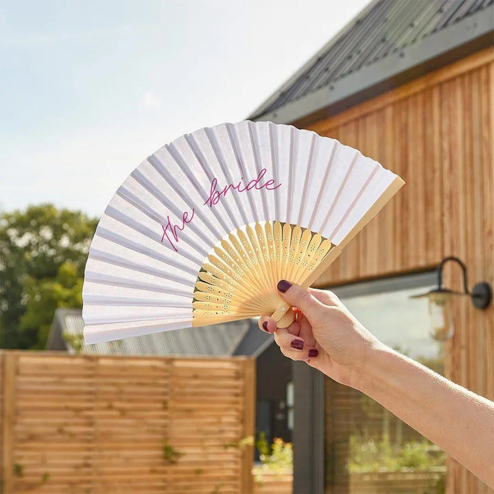 White Bride Hand Fan - Hen Party Fan - She’s Tying The Knot Coquette Bride To Be Accessory - White Paper Fan with Pink Script - Pack Of 1 - Jolie Fete UK