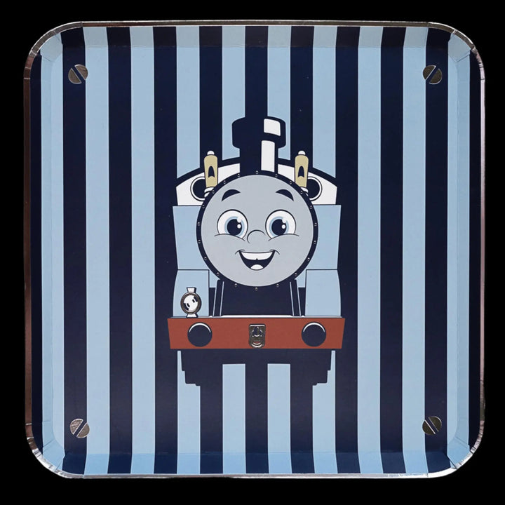 Thomas & Friends Party Plates - Train Birthday Large Square Plates - Blue Striped Paper Plates - Kids Train Party Tableware - Pack of 8 - Jolie Fete UK