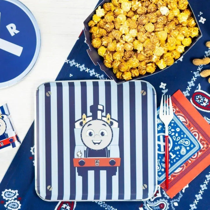 Thomas & Friends Party Plates - Train Birthday Large Square Plates - Blue Striped Paper Plates - Kids Train Party Tableware - Pack of 8 - Jolie Fete UK