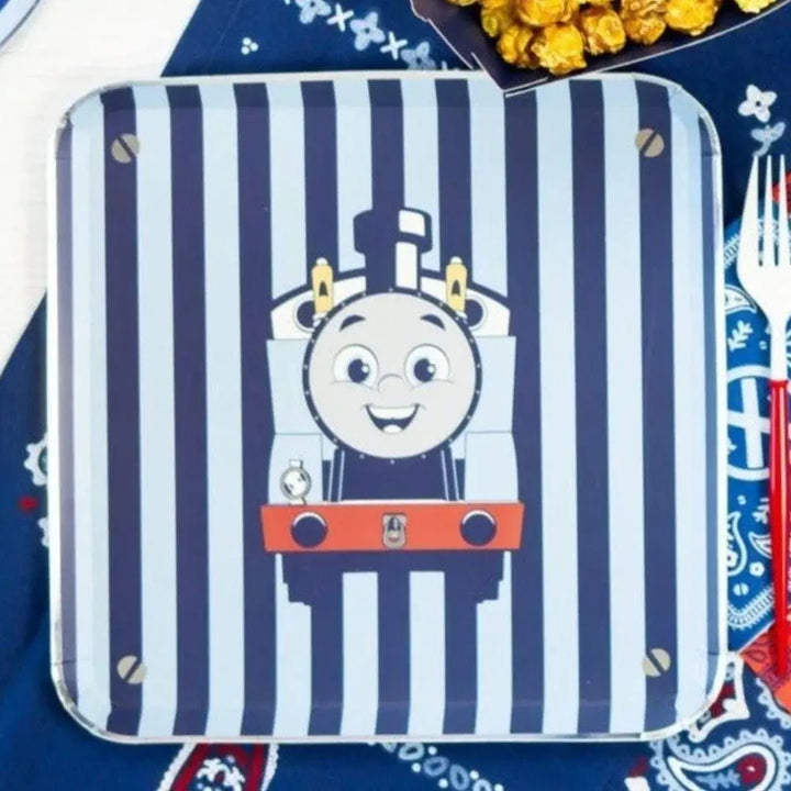 Thomas & Friends Party Plates - Train Birthday Large Square Plates - Blue Striped Paper Plates - Kids Train Party Tableware - Pack of 8 - Jolie Fete UK