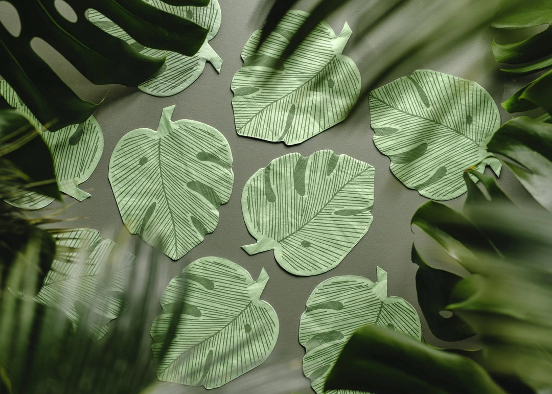 Tropical Leaf Napkins - Monstera Leaf Shaped Paper Napkins - Green Jungle Theme Birthday Party Tableware - Wild One Party Decor - Pack Of 12 - Jolie Fete UK